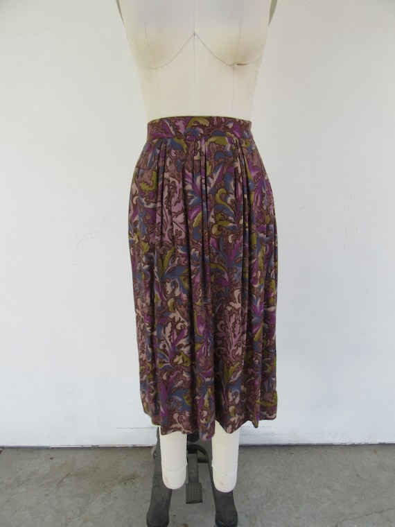 90s Rayon Floral Botanical Print Pleated MIdi Skir