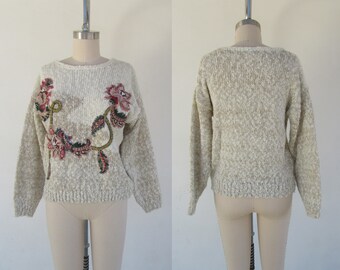 80s 90s Rose Floral Sweater Top | Applique Long Sleeve Cottagecore
