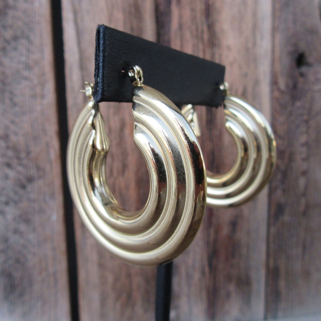 90s Earrings | Large Fluted Gold Tone Hoop Earrings | Chunky Fat Wide ...