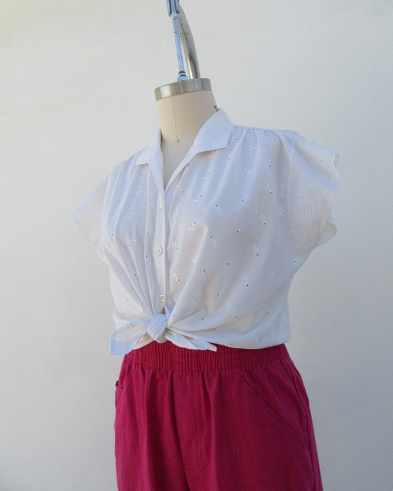 PLUS SIZE 80s Stark White Eyelet Button Front Cot… - image 7