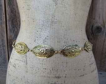 80s 90s Metal Concho Belt | Southwest Cowgirl Cowboy | Gold Tone Chain Belt | Metal Waist Belt | Fits 28 to 44