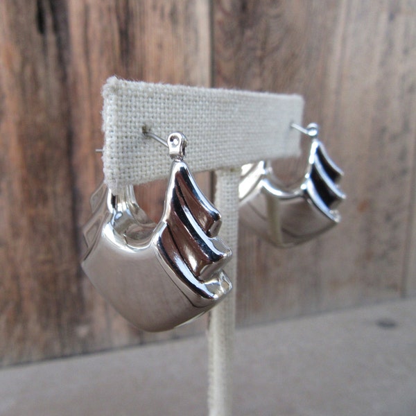 90s Art Deco Revival Hoop Earrings | Chunky Silver Tone Hoop Earrings | Architectural Hoop Earrings  | Modernist Tiered Hoop Earrings