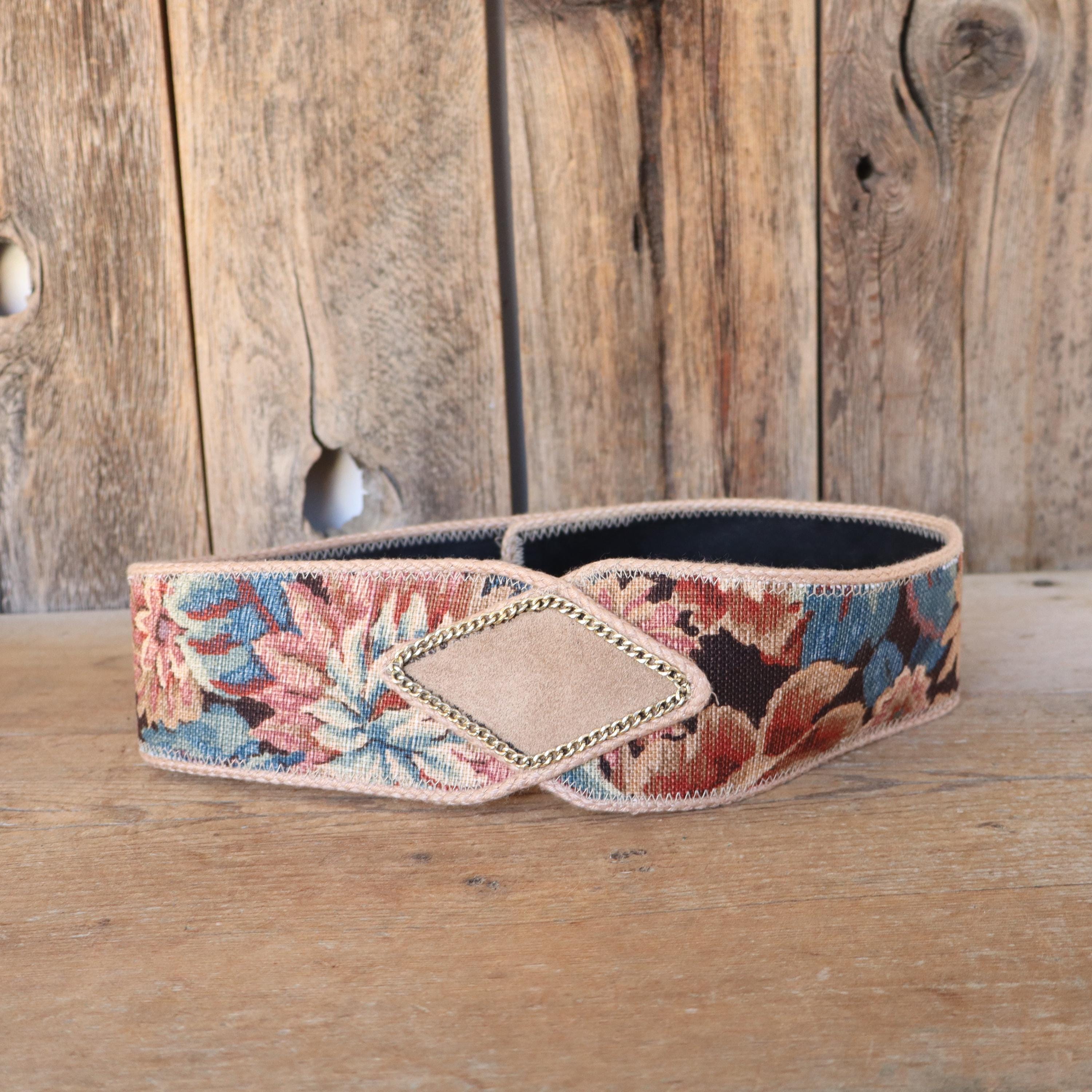 80s 90s Tan Tapestry Cottagecore Wide Waist Belt | Floral  display picture 1