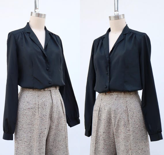 80s Black Button Front Button Blouse | Silky Butt… - image 3