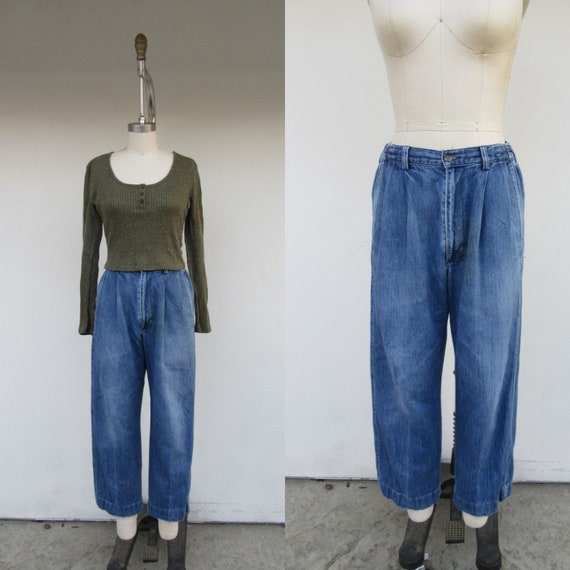 90s High Waist Pleated Cropped Denim Jeans | MOm P