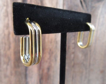 90s Two Tone Silver Gold Tone Oval Hoops | Layered Triple Huggy Huggie Hoops | Small Stud Mixed Metal Minimal Business Casual Earrings