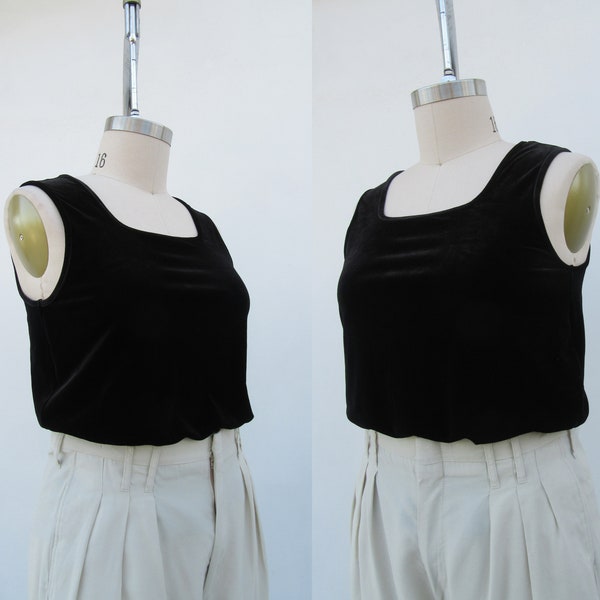 90s Black Velvet Shell Tank | Square Neck Velvet Singlet | Sleeveless Minimal Shell Top Shirt Blouse | XL