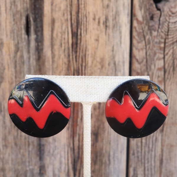 Boucles d'oreilles boutons ronds style Memphis gribouillis rouges et noirs des années 80 | Boucles d'oreilles géométriques géométriques New Wave Circle