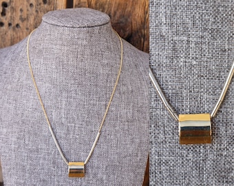 70s 80s does 90s Mixed Metal Dainty Silver and Gold Tone Chain with Geo Square Pendant Necklace | Rond Geometric Pounded Hammered Necklace