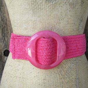 80s Fuchsia Raffia Look Belt | Resort Wear | Hot Pink Woven Wide Resort Belt | Stretch Belt | Wide Waist Belt| 30 to 36