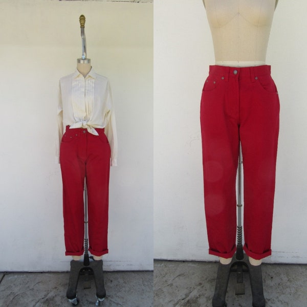 LL BEAN Red All Cotton Five Pocket Jeans | High Waist Cotton Trousers Chinos | Minimal 90s High Waist LL Bean Pants | 28 Waist