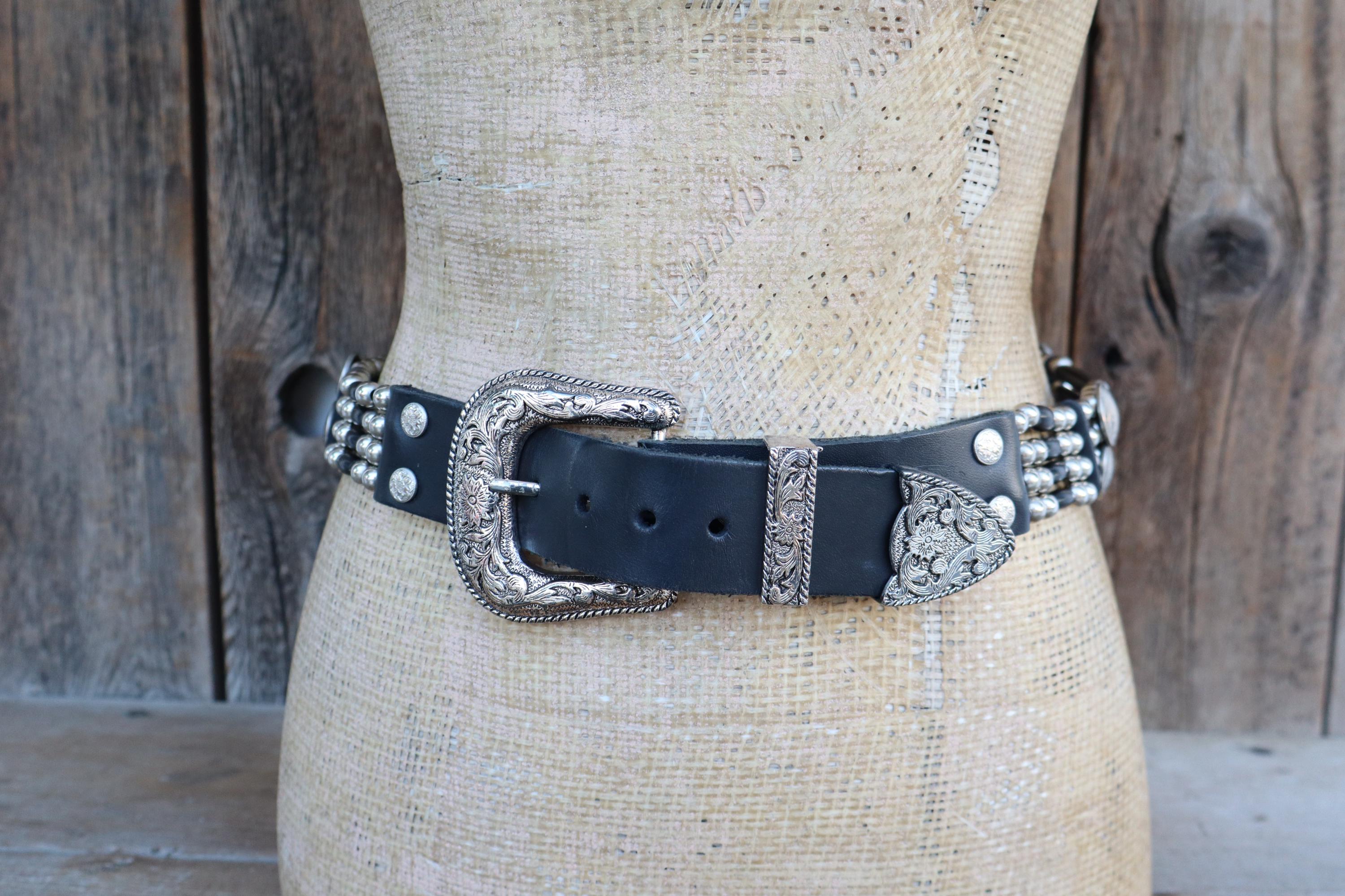 80s 90s Black Leather Buffalo Nickel Beaded Ranger Buckle  display picture 3