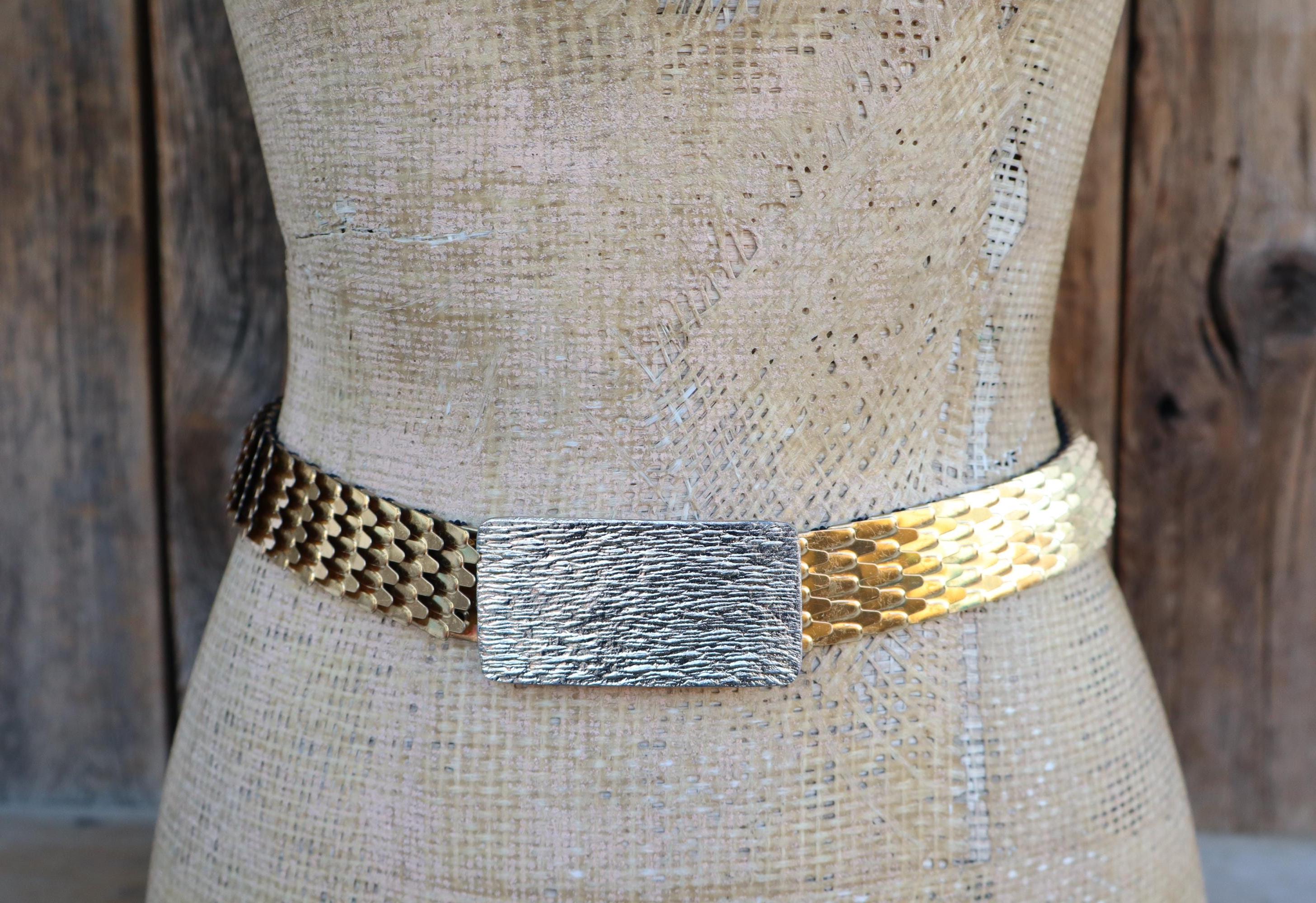 Saks Fifth Ave Stanger Vintage 80s Expanding Fish Scale Medallion Buckle Belt OS 80s Vintage Silver Tone FISH SCALE Stretch Belt With Art  main image 2