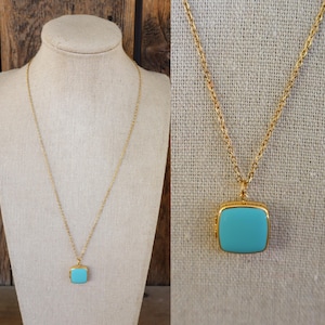 90s Turquoise Enamel Square Locket Dainty Gold Tone Chain Necklace | Aqua Blue Modernist Geo Gold Tone Chain Necklace