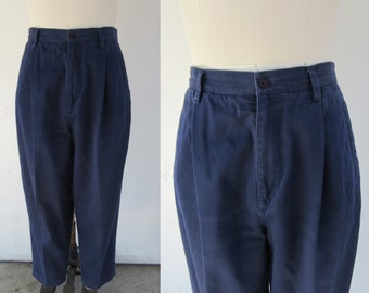 90s Navy Blue All Cotton Khakis | High Waist Pleated Pants | High Rise Pleated Tapered Trousers | Minimal Pleated Pants | 30 Waist