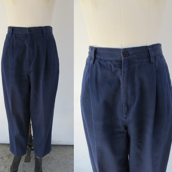 90s Navy Blue All Cotton Khakis | High Waist Pleated Pants | High Rise Pleated Tapered Trousers | Minimal Pleated Pants | 30 Waist