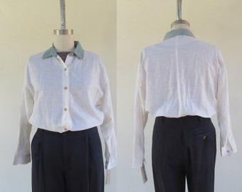 NOS 90s White Linen Overshirt | Denim Collar Button Front Linen Blouse | Minimalist Linen Top Shirt | M