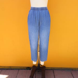 90s PLUS SIZE Minimalist Denim Cotton Easy Pants | High Rise Waist Pull On Mom Pants | Tapered Denim Elastic Waist Pants | 28 to 36 Size 14