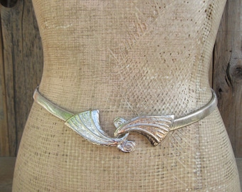 1980s Silver Metal Rose Buckle Stretch Belt | 80s Flower  display picture 1
