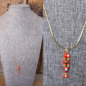 80s 90s Articulated Red Enamel Gold Tone Koi Fish Chain Necklace | Novelty Fish Pendant Pisces Necklace