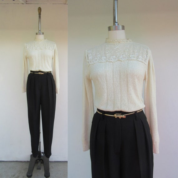 80s Pleated Sleeve Lace Yoke Sweater | Minimal Pop