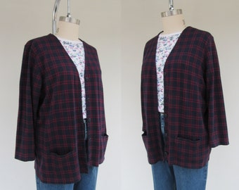 90s All Cotton Navy and Red Plaid Knit Cardigan | Oversized Boxy Fit Preppy Minimalist Grandma Grandpa Cardigan | Menswear | XL