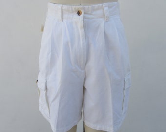 Short cargo plissé blanc Stark des années 90 | Short en coton à taille haute | Short taille haute minimaliste | 29 Tour de taille