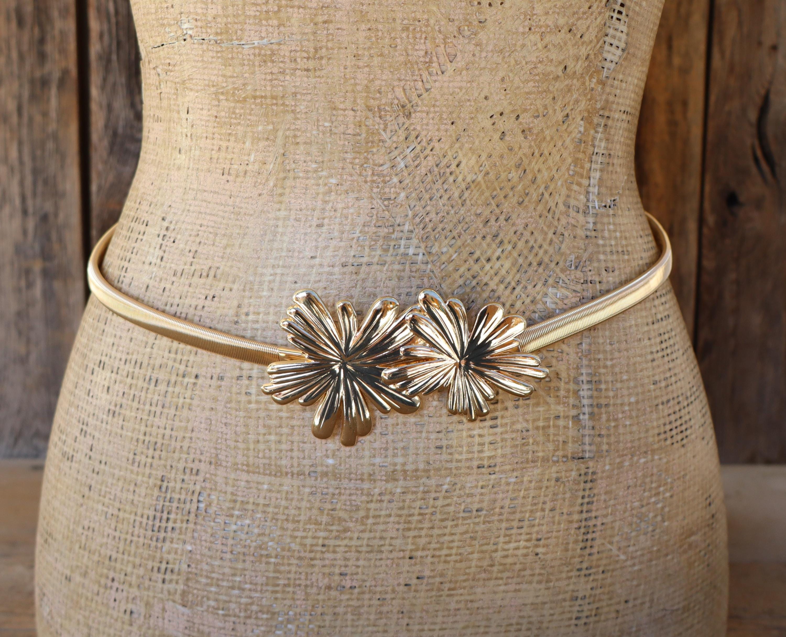 Vintage 80s Gold Tone Metal Heart & Flower Stretch Belt Vintage Gold Tone Metal Belt Embossed Flowers Stretch Narrow  main image 3
