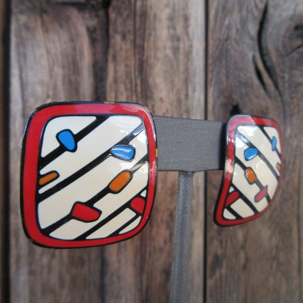 80s Colorblock Color Block Rectangle Enamel Earrings | Memphis Style Geo Geometric Earrings | New Wave Modernist Statement Earrings