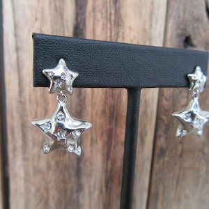90s Silver Tone Star Dangle Earrings | Bejeweled Dangle Earrings | Minimal Rhinestone Silver Tone Star Earrings
