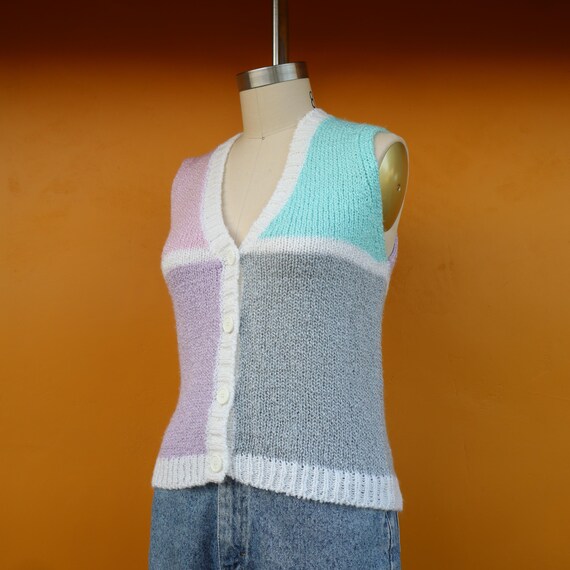80s Pastel Color Block V Neck Button Front Cardig… - image 5