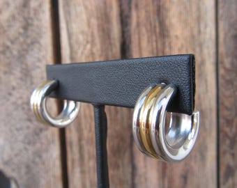 90s Two Tone Silver Gold Tone Hoops | Chunky Mixed Metal Modernist Hoop Earrings