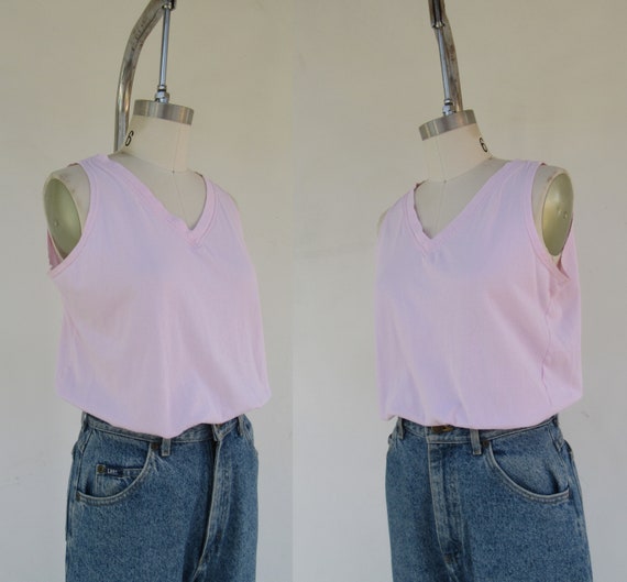 80s 90s Pink V Neck All Cotton Sleeveless Knit To… - image 4