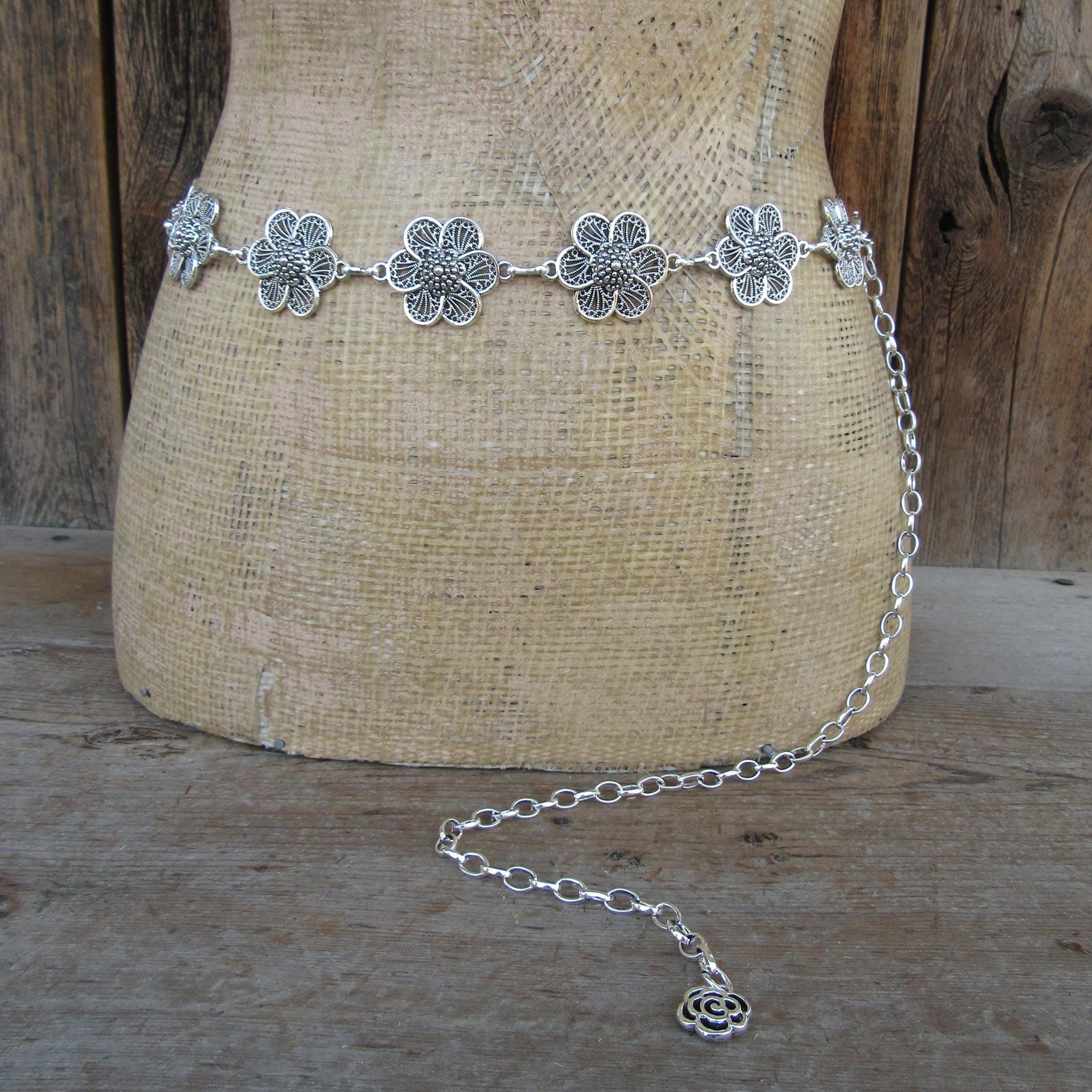 90s Silver Tone Floral Metal Chain Belt | Long Chain Belt  display picture 1