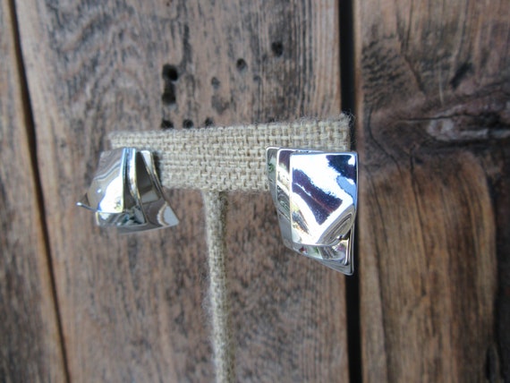 90s Silver Tone Earrings | Folded Rectangle Geo G… - image 3