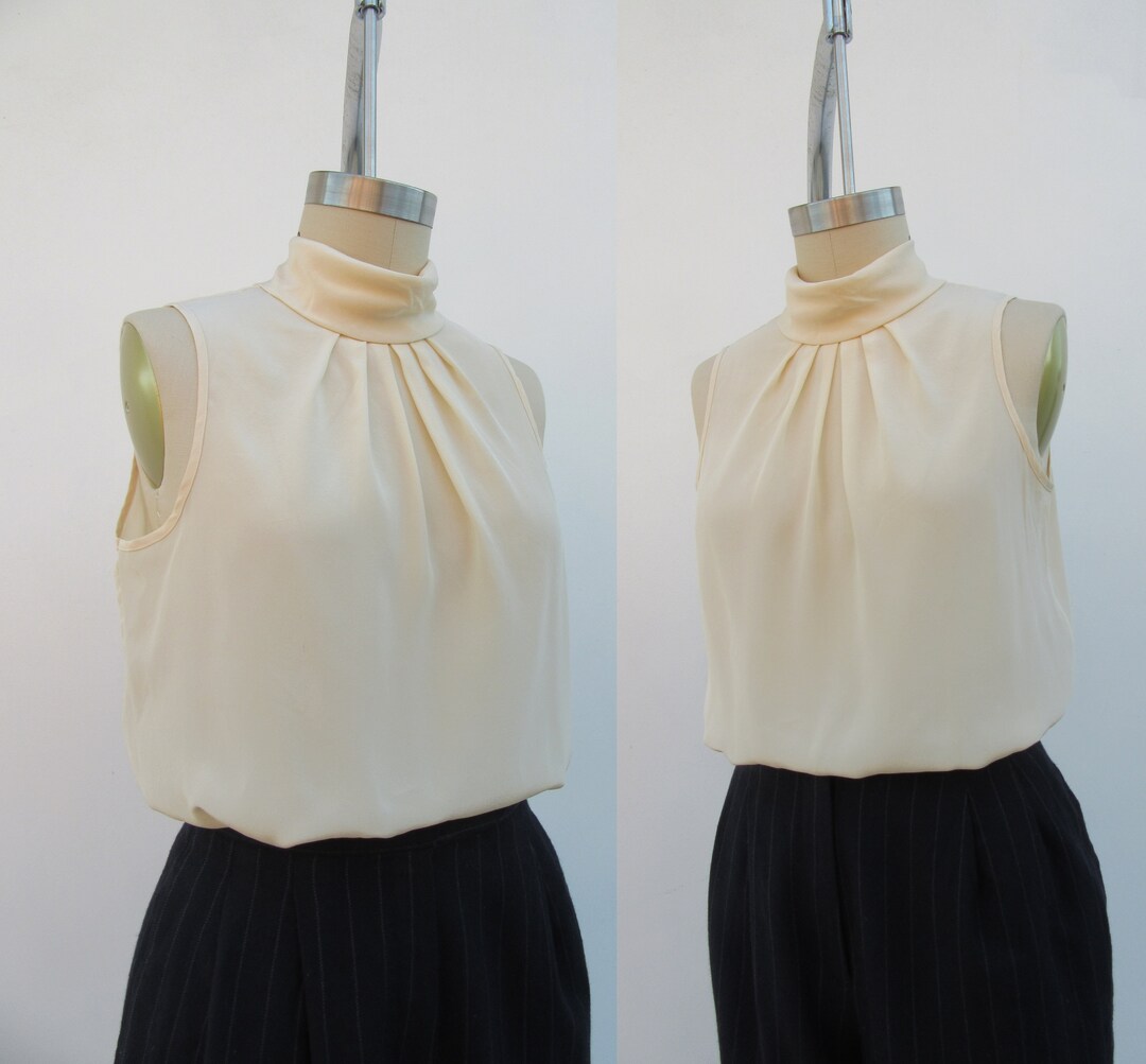 90s Cream All Silk Sleeveless Turtleneck Blouse High Neck Etsy