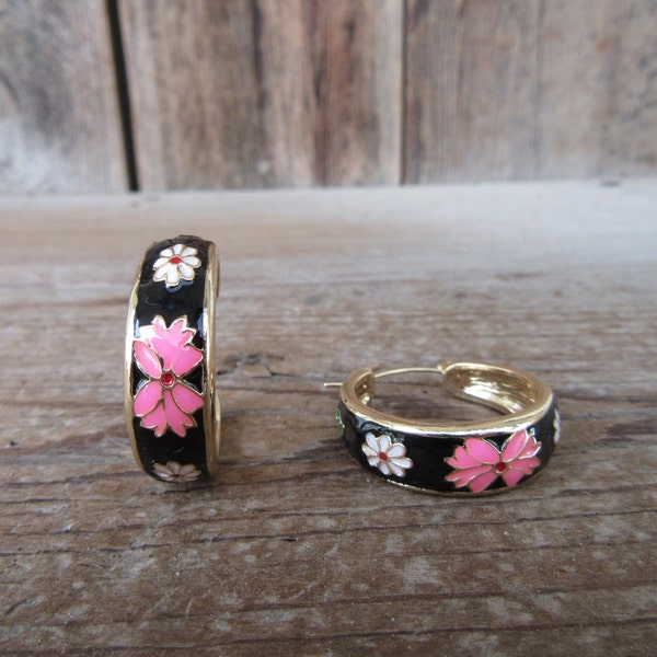 90s Floral Cloisonne Hoop Earrings | Flower Enamel Hoop Earrings | Black Pink White Enamel Earrings