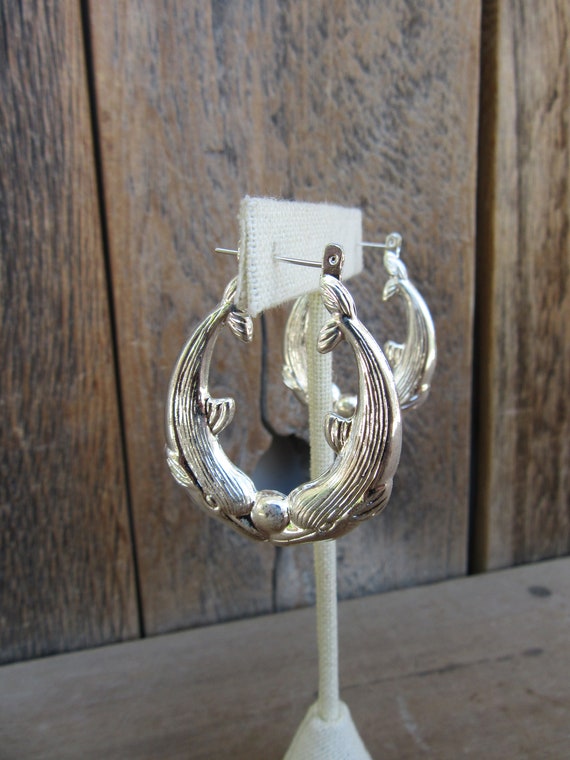 90s Earrings | Silver Tone Engraved Kissing Dolphi