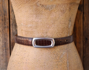 90s Brighton Dark Brown Croco Moc Croc Leather Trouser Belt Silver Tone Buckle 28 to 32