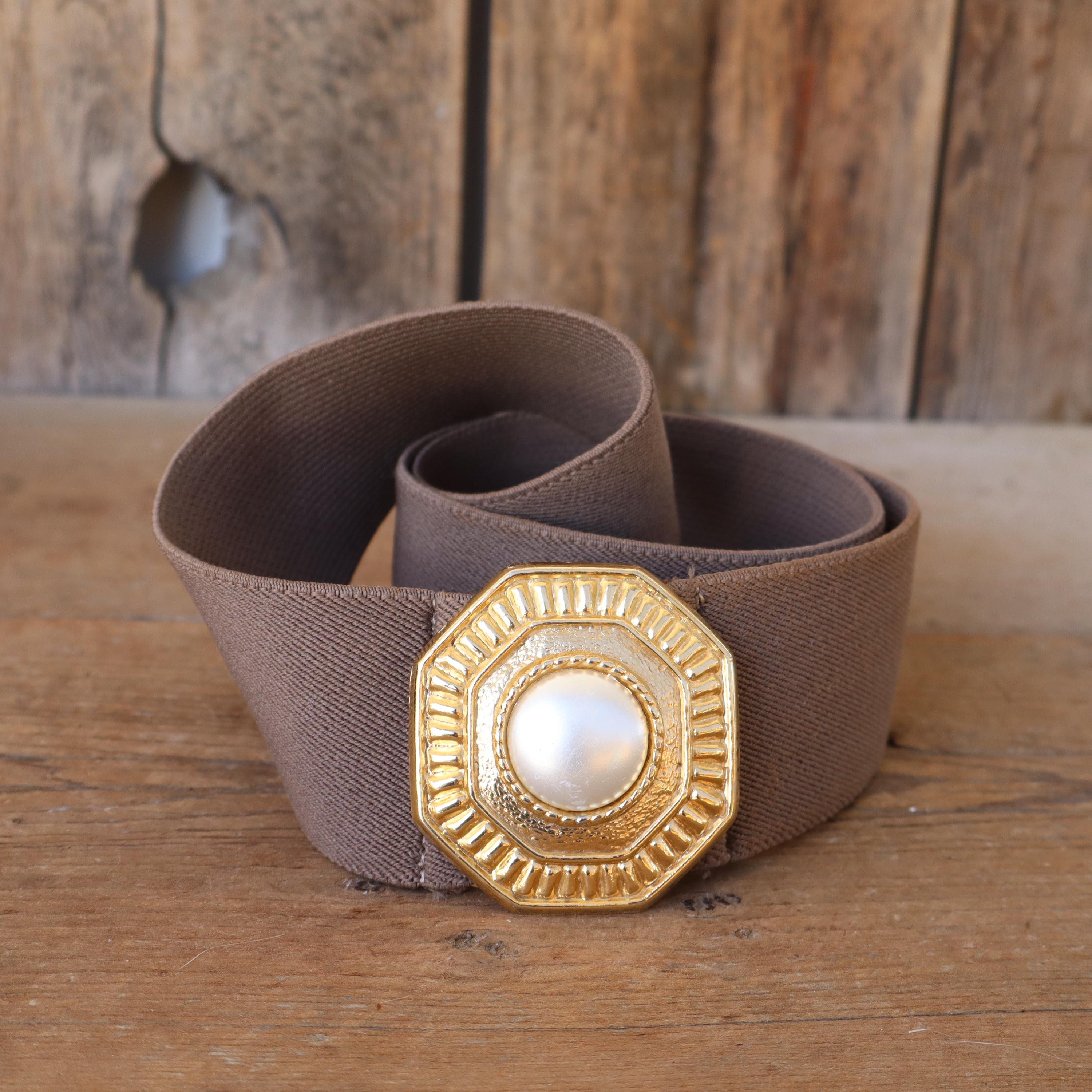 80s Brown Wide Waist Stretch Belt | Pearl Buckle Taupe 