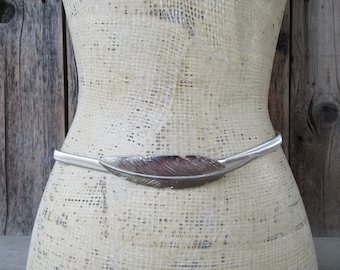 1990s Silver Metal Feather Stretch Belt | 80s 90s Leaf Buckle Silver Metal Skinny Slinky Belt | 27 to 36