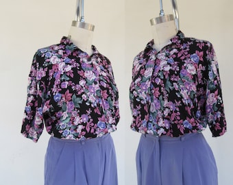 80er Jahre Cottagecore Floral Rayon Knopfleiste Bluse | Button Down Drop Schulter Boxy Oversized Shirt Top | M L