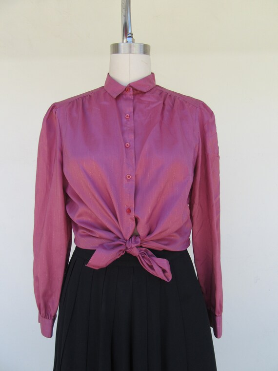 80s 90s Silky Dusty Rose Puff Sleeve Button Front… - image 2