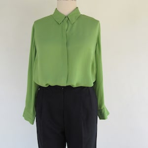 PLUS SIZE 90s Green Long Sleeve All Silk Blouse Top Shirt | Extended Size Button Front Silk Top Shirt Blouse | Size 20