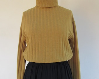 Maglia a maniche lunghe con collo alto a coste color senape anni '90 / Maglia a collo alto color senape / XS