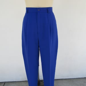 80s Royal Blue Minimalist Pleated Linen Look High Waist Trousers