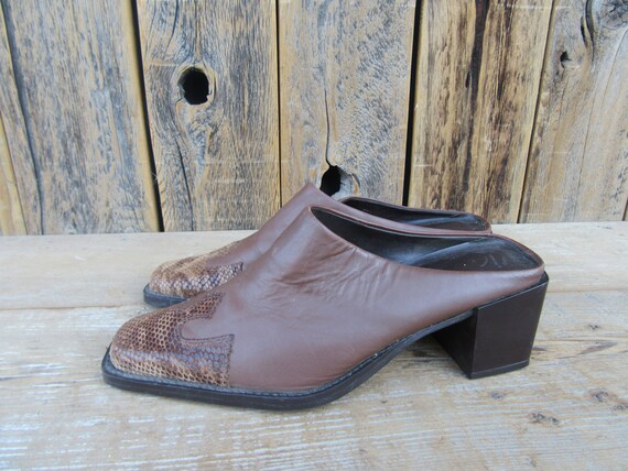 90s Brown Leather Block Heel Square Toe Half Boots