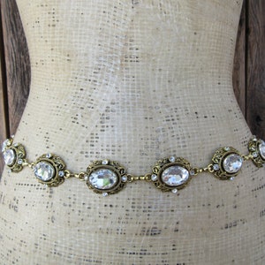 90s Gold Tone Bejeweled Chain Belt | Metal Waist Belt | Faceted Rhinestone Chain Link Belt Belt | Fits 31 to 44 | L XL Plus Size