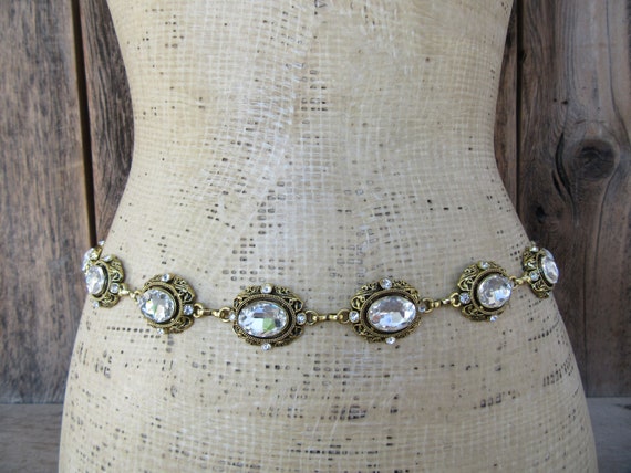 90s Gold Tone Bejeweled Chain Belt | Metal Waist Belt  display picture 3