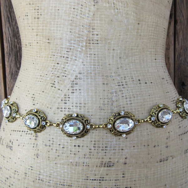 90s Gold Tone Bejeweled Chain Belt | Metal Waist Belt | Faceted Rhinestone Chain Link Belt Belt | Fits 30 to 43 | L XL Plus Size